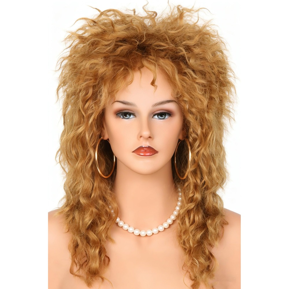 NWT LeMarnia 80s Rock Diva Dirty Gold Curly Mullet Costume Wig Unisex
